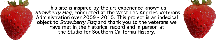 This site is inspired by the art experience known as  Strawberry Flag, conducted at the West Los Angeles Veterans Administration over 2009 - 2010. This project is an indexical object to Strawberry Flag and thank you to the veterans we have met in the historical record and in person at  the Studio for Southern California History.